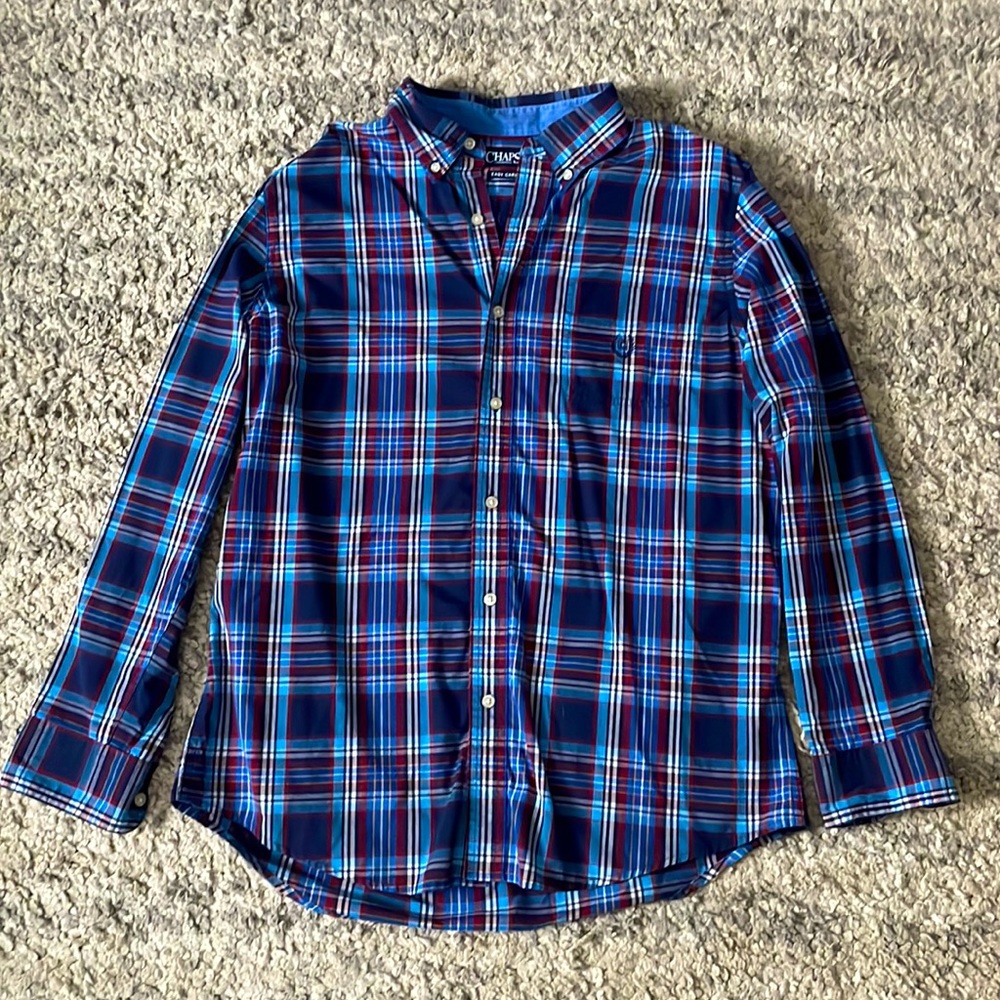 CHAPS Blue Plaid Button Up Dress Shirt